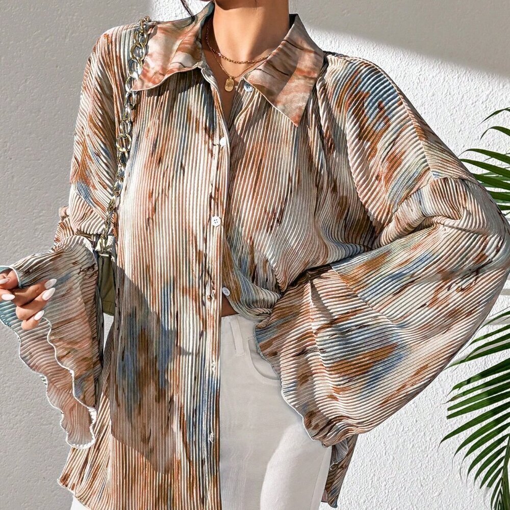 Khaki Casual Women's Spring/Summer Random Printed Flare Sleeve Shirt - Picture 2 of 6